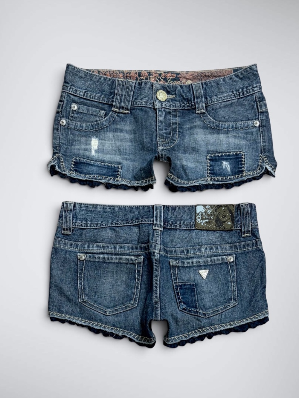 VTG Y2K Guess Low Rise Micro Denim Shorts w/ Lace Trim Hem